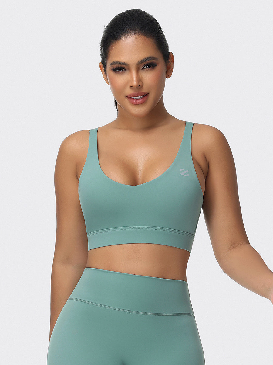 High impact sports bra in Green - front view showing the wide straps and scoop neckline.