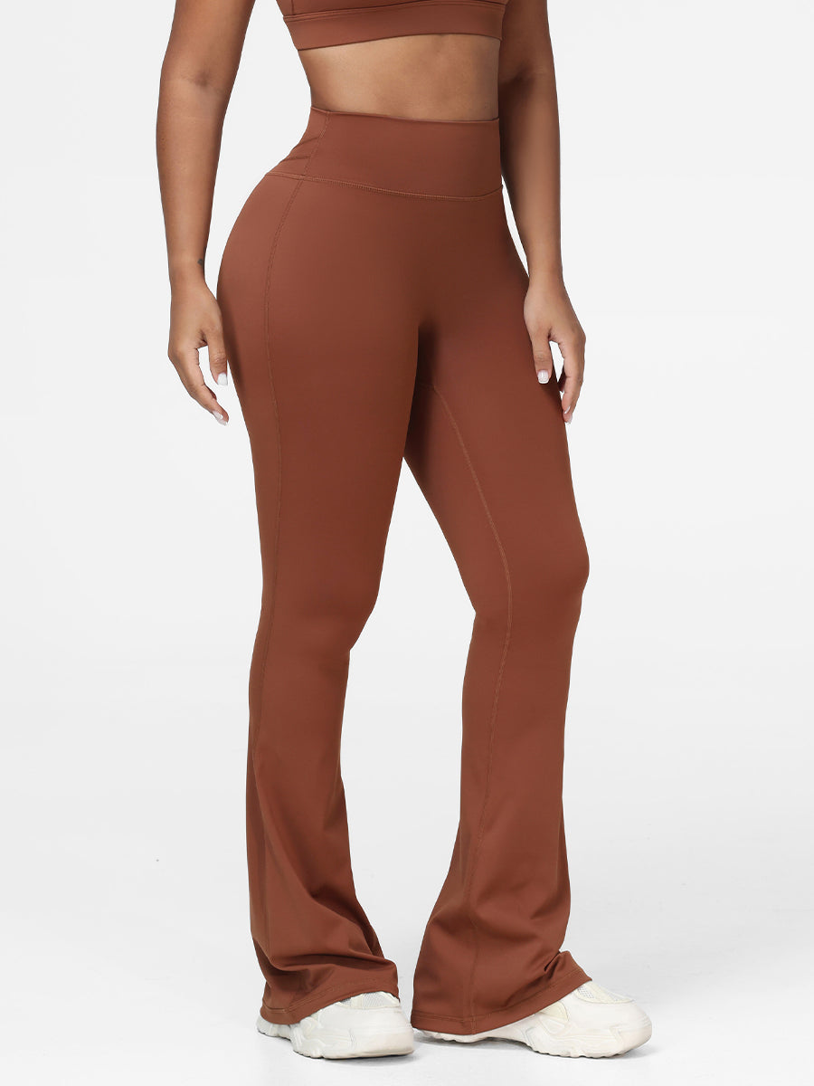 Women's kick flare leggings in Brown - front view showing the vintage flared leg.