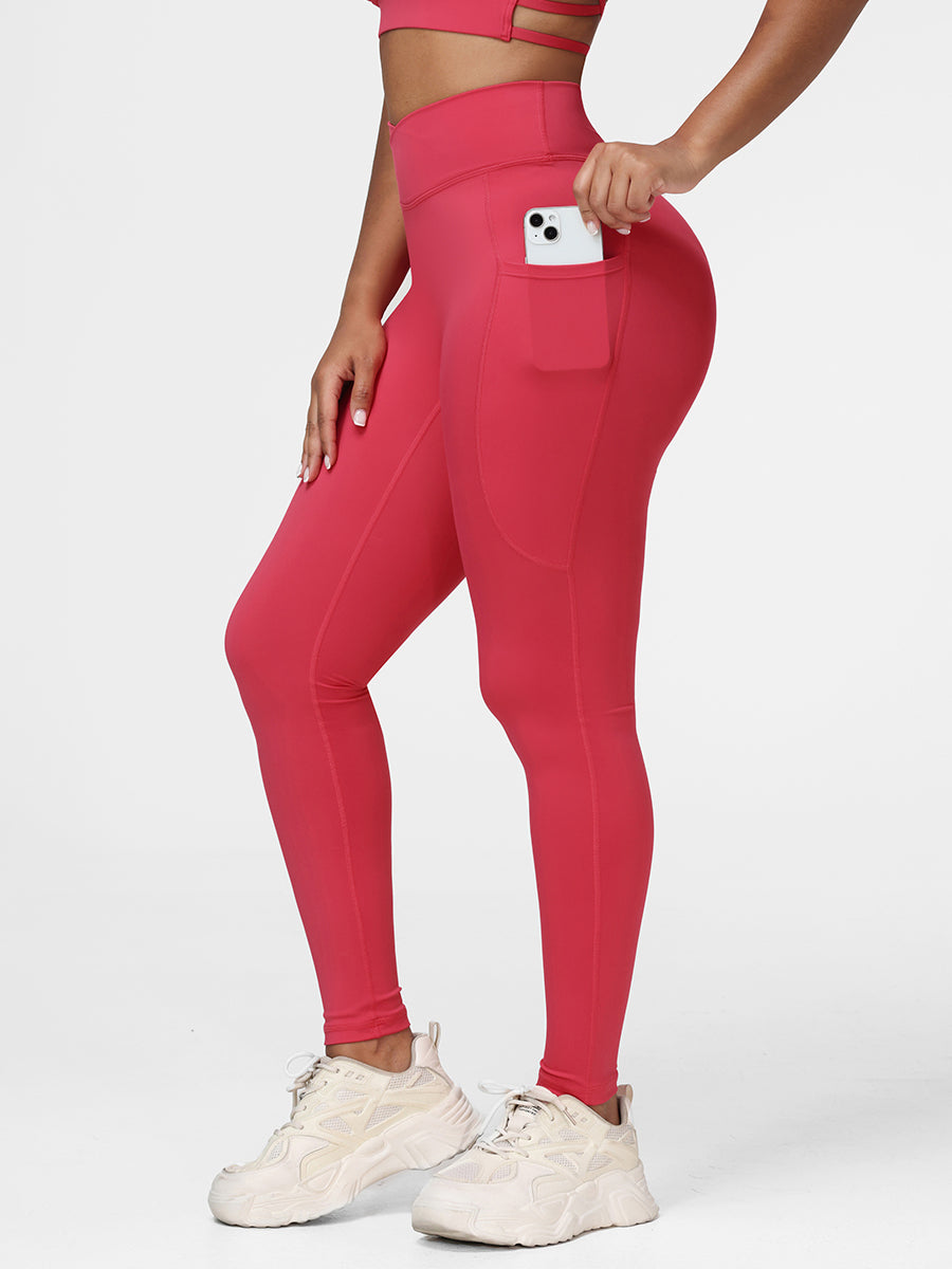 red high waist gym tights with pockets