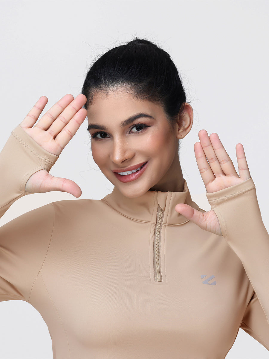 Long Sleeve Workout Top for Women with Half Zip and Thumb Holes