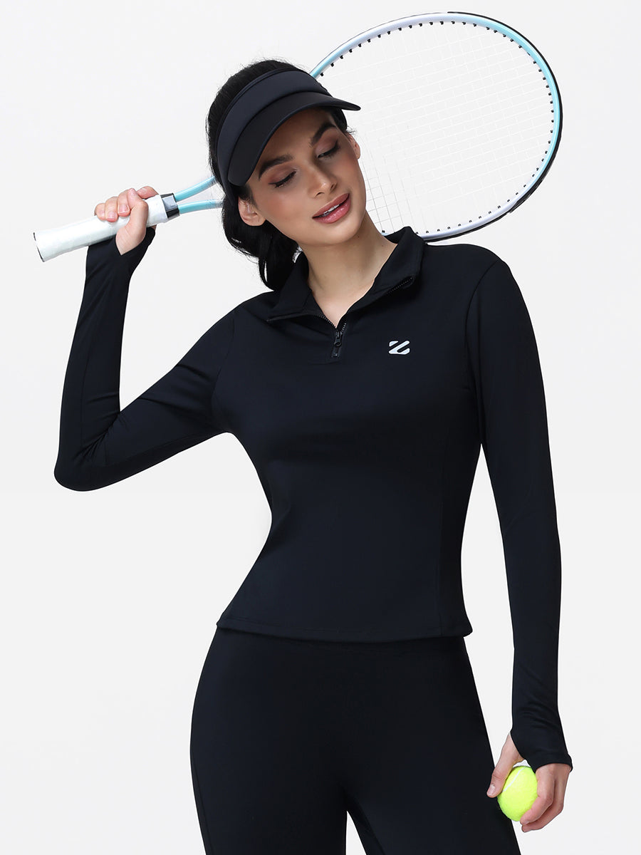 Long Sleeve Workout Top for Women with Half Zip and Thumb Holes