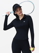 Long Sleeve Workout Top for Women with Half Zip and Thumb Holes
