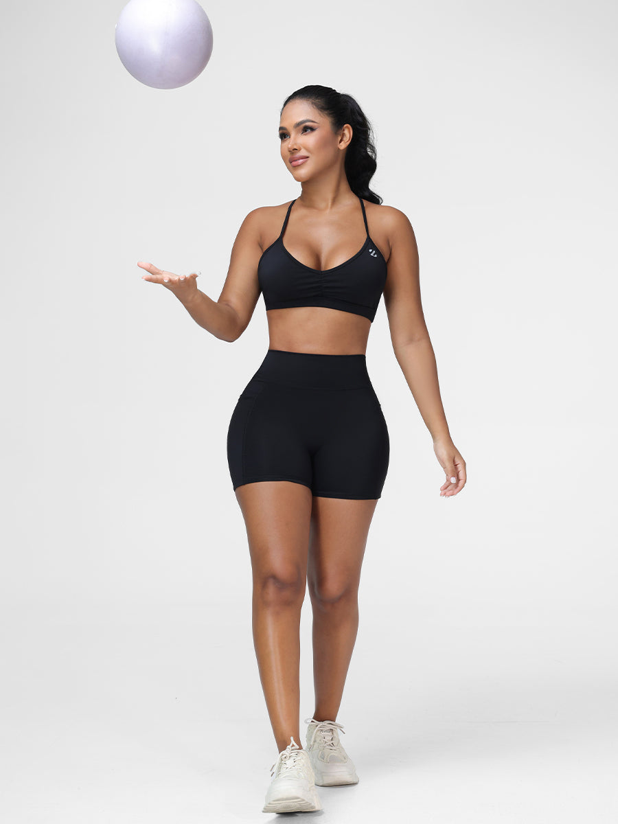 Flattering High Waist Yoga Set with Strappy Back Bra & Shorts