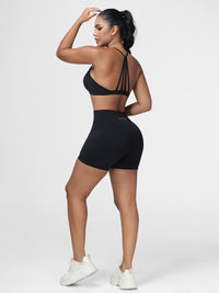 Flattering High Waist Yoga Set with Strappy Back Bra & Shorts