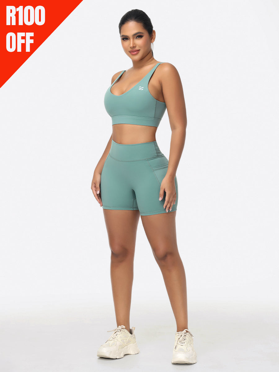 Adjustable Bra & Tummy Control Shorts Seamless Green Gym Set