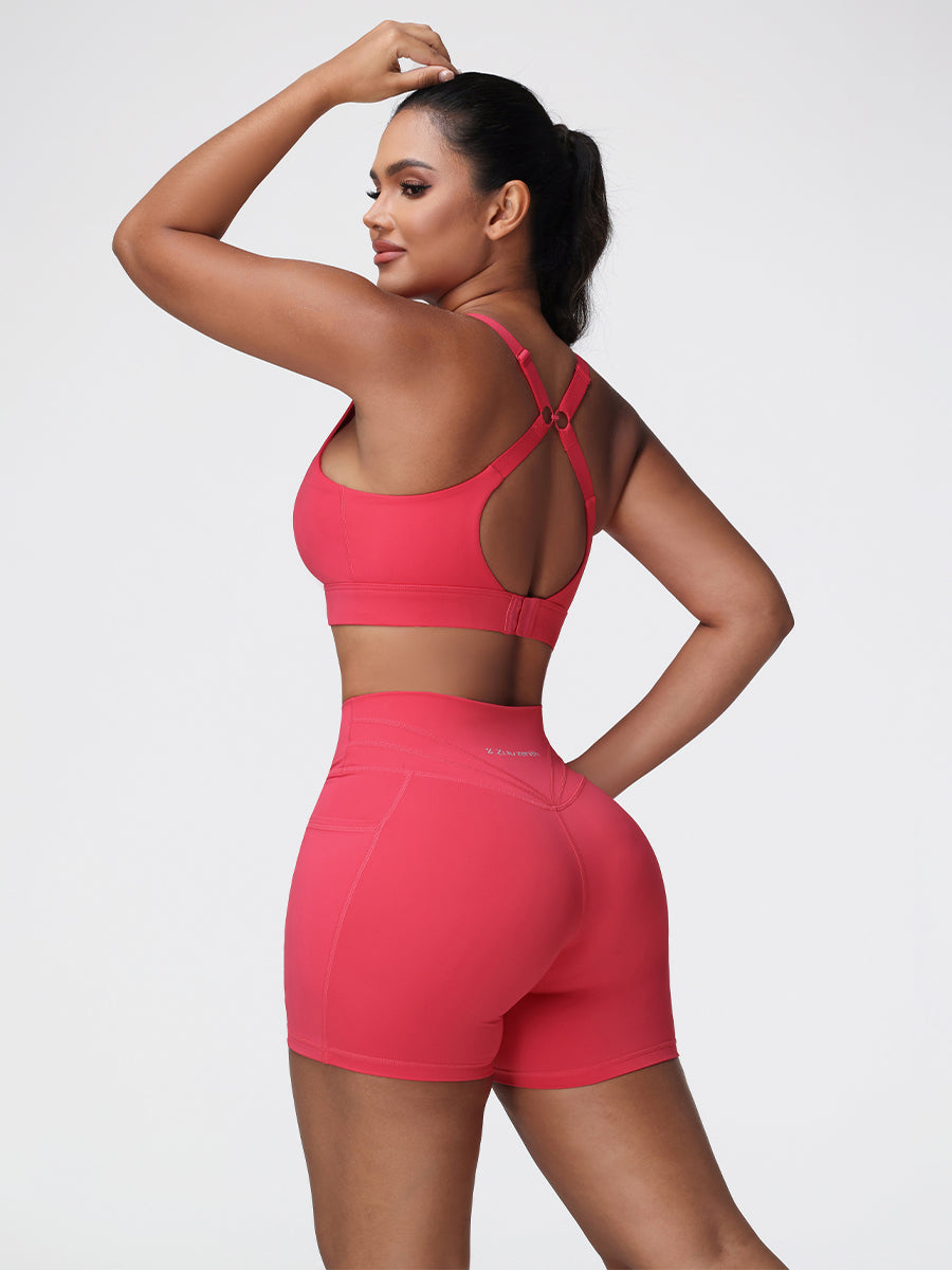red sports bra and shorts set