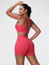 red sports bra and shorts set