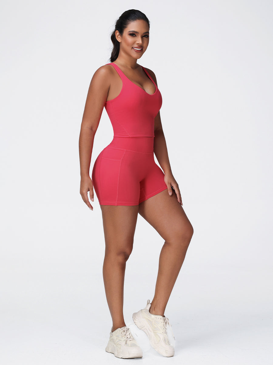 red gym shorts and top set