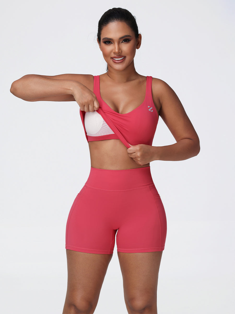 red sports bra and shorts set