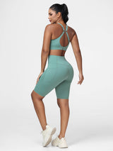 Supportive Sports Bra & Knee Length Tummy Control Shorts Workout Set