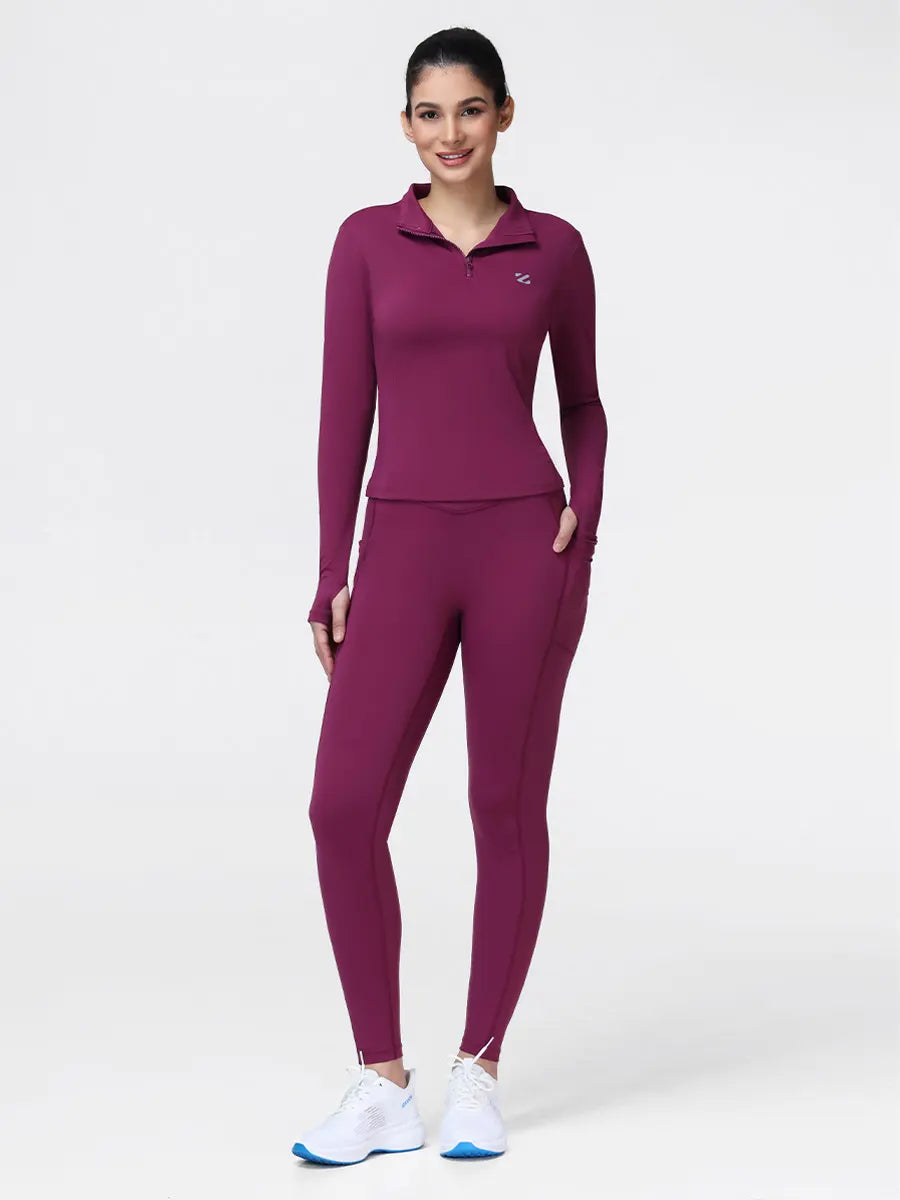 Women's Half Zip Long Sleeve Gym Top & High Waist Leggings Workout Set