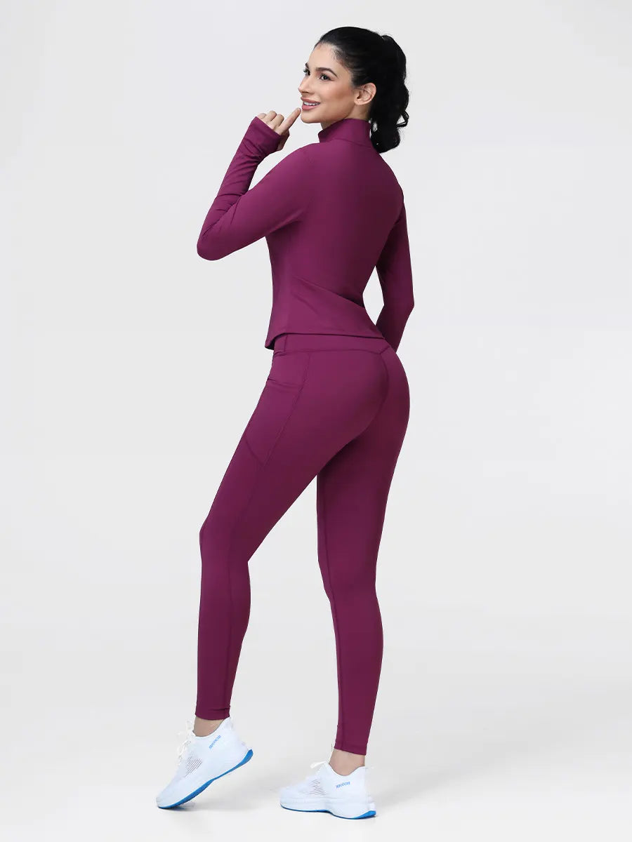 Women's Half Zip Long Sleeve Gym Top & High Waist Leggings Workout Set