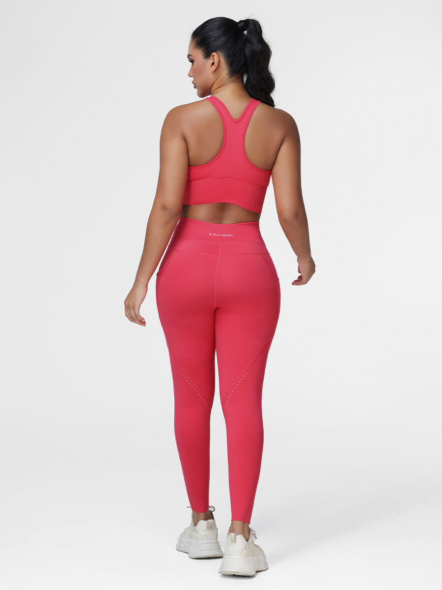 Running set for women in Cranberry Red - back view showing the racerback sports bra and the wide waistband.
