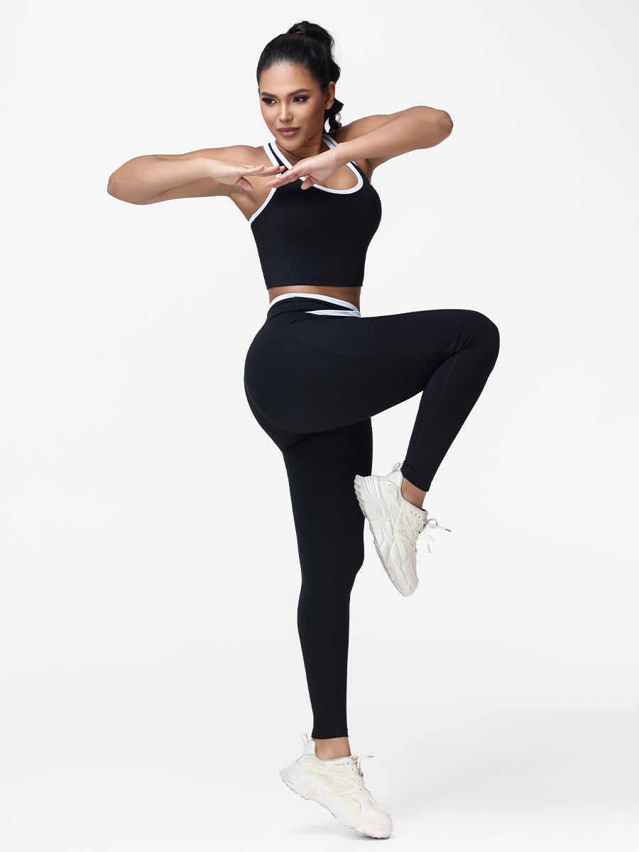 Women's 2 Piece Workout Set Racerback Sports Bra and Cross Waist Pocket Leggings