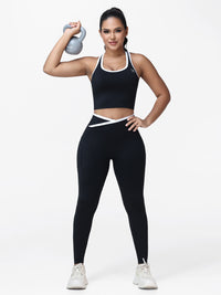 Women's 2 Piece Workout Set Racerback Sports Bra and Cross Waist Pocket Leggings