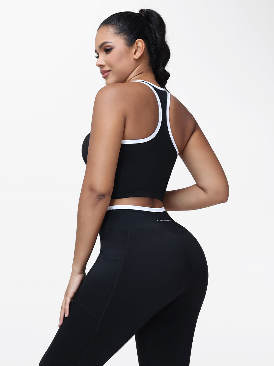 Women's 2 Piece Workout Set Racerback Sports Bra and Cross Waist Pocket Leggings