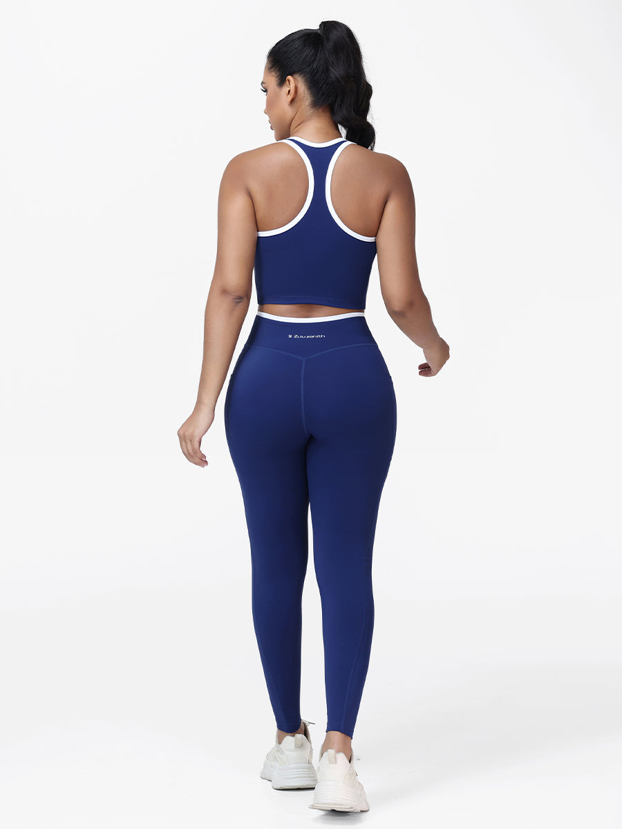 Women's 2 Piece Workout Set Racerback Sports Bra and Cross Waist Pocket Leggings