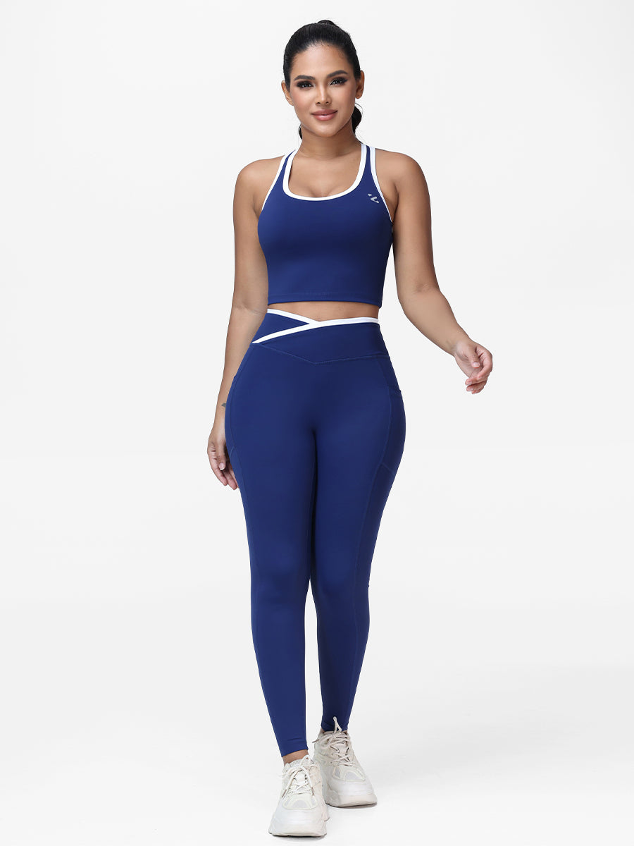 Women's 2 Piece Workout Set Racerback Sports Bra and Cross Waist Pocket Leggings