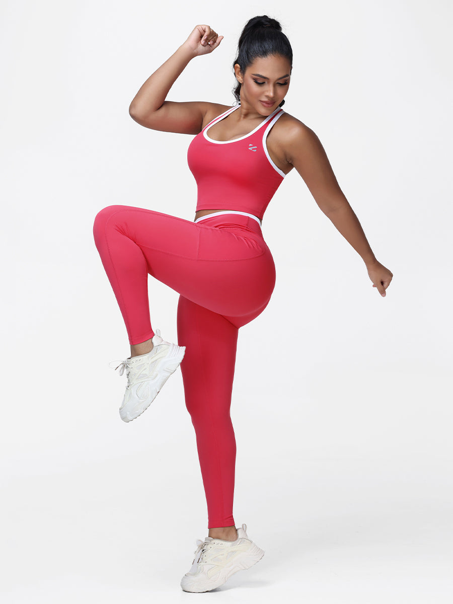 Women's 2 Piece Workout Set Racerback Sports Bra and Cross Waist Pocket Leggings