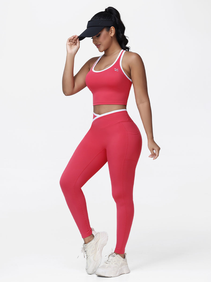 Women's 2 Piece Workout Set Racerback Sports Bra and Cross Waist Pocket Leggings
