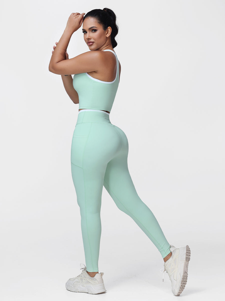 Women's 2 Piece Workout Set Racerback Sports Bra and Cross Waist Pocket Leggings