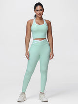 Women's 2 Piece Workout Set Racerback Sports Bra and Cross Waist Pocket Leggings