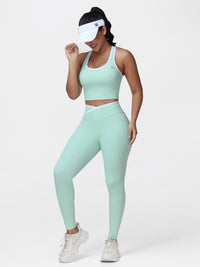 Women's 2 Piece Workout Set Racerback Sports Bra and Cross Waist Pocket Leggings