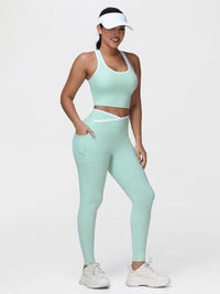 Women's 2 Piece Workout Set Racerback Sports Bra and Cross Waist Pocket Leggings