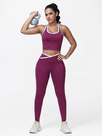 Women's 2 Piece Workout Set Racerback Sports Bra and Cross Waist Pocket Leggings