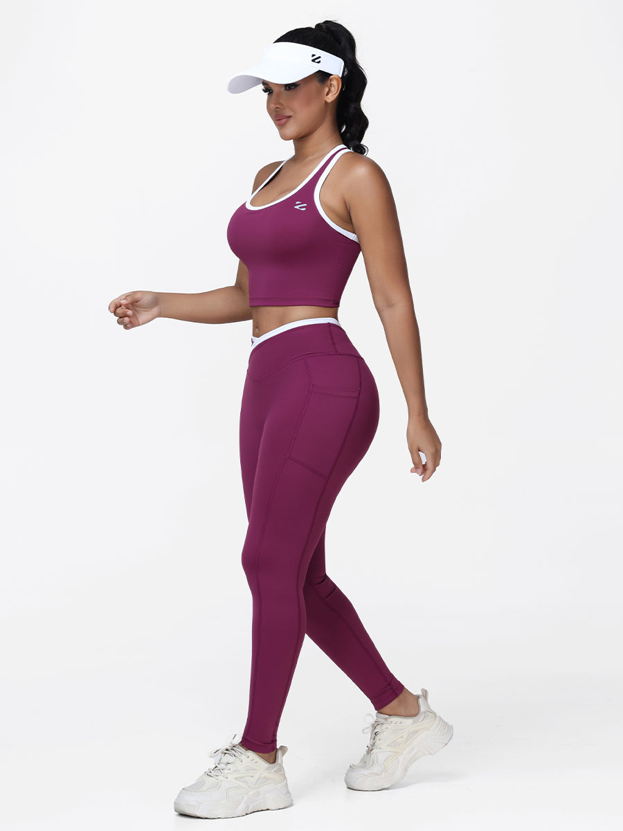 Women's 2 Piece Workout Set Racerback Sports Bra and Cross Waist Pocket Leggings